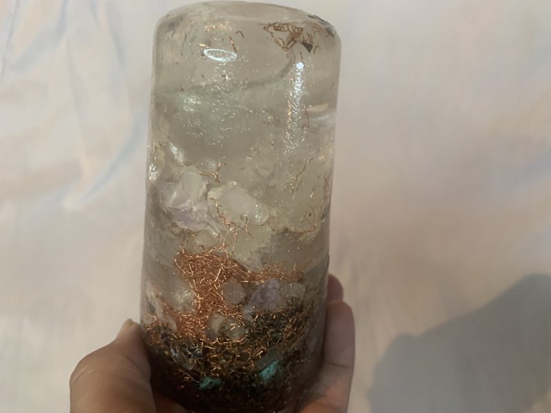 1 large clear quartz crystal hand made orgone energy tower