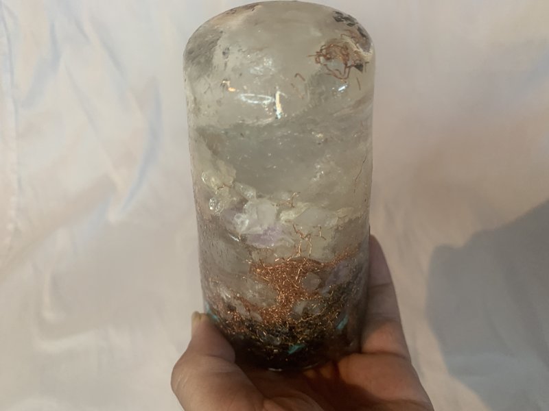 1 large clear quartz crystal hand made orgone energy tower