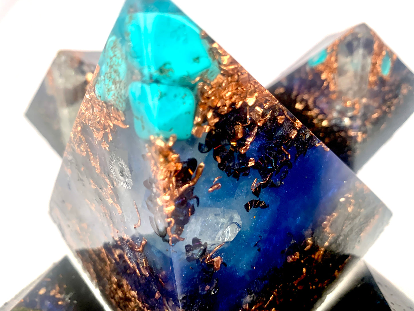 5 piece Quartz crystal Orgone Pyramid set with Turquoise and Copper for maximum EMF protection