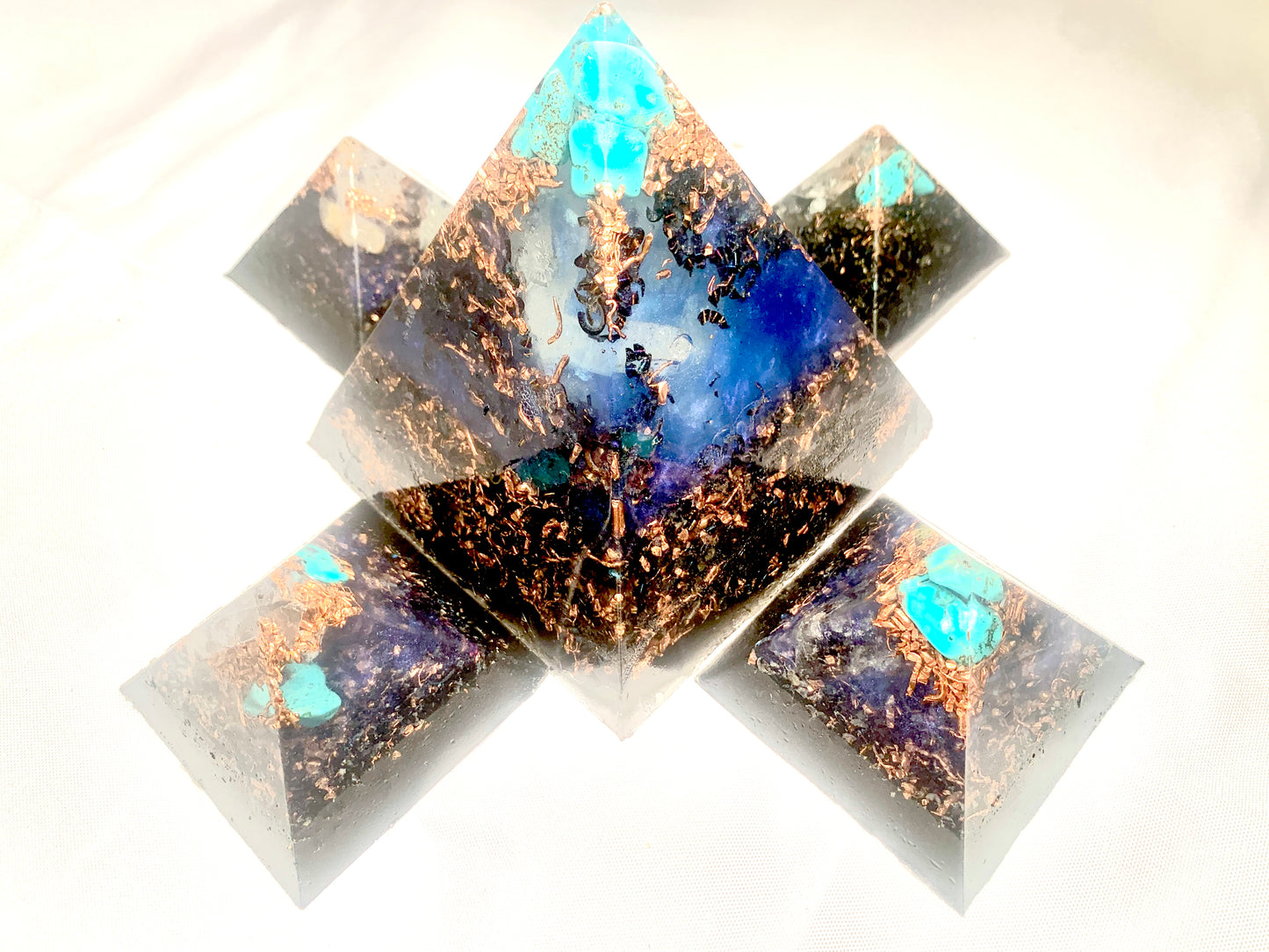 5 piece Quartz crystal Orgone Pyramid set with Turquoise and Copper for maximum EMF protection