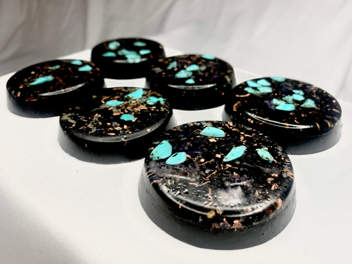 6 piece hand made Orgone Set with quartz crystal for emf protection home decoration or travel