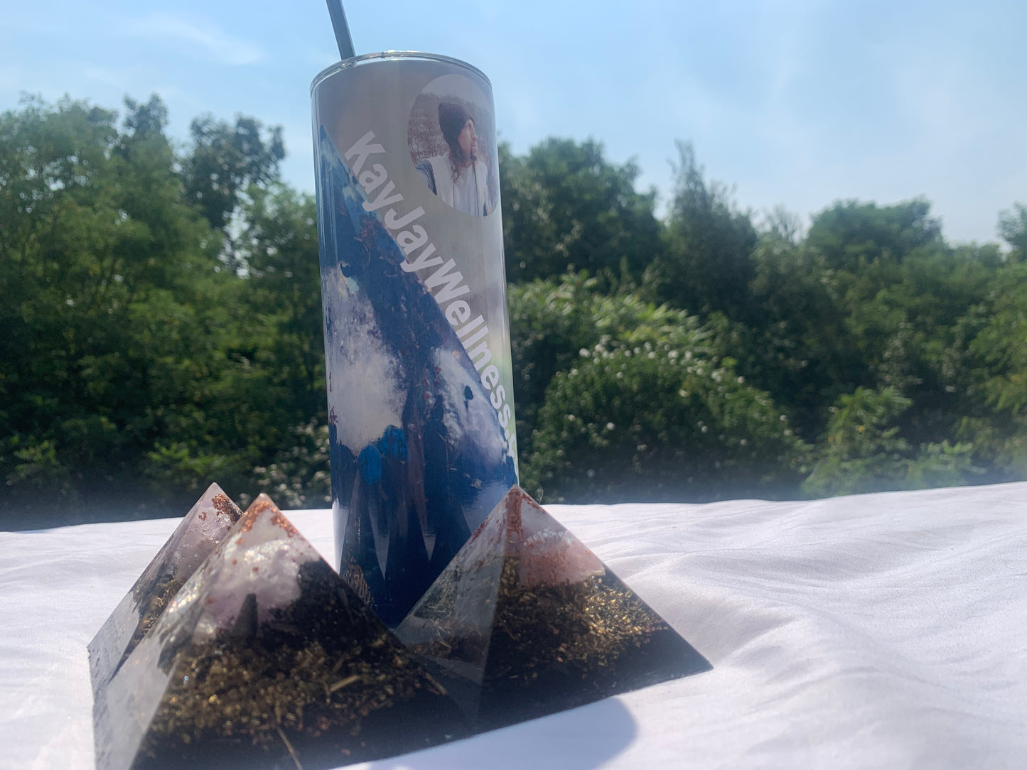 3 piece quartz crystal Orgone Energy Pyramid set with KayJay Wellness 20 oz. drink tumbler