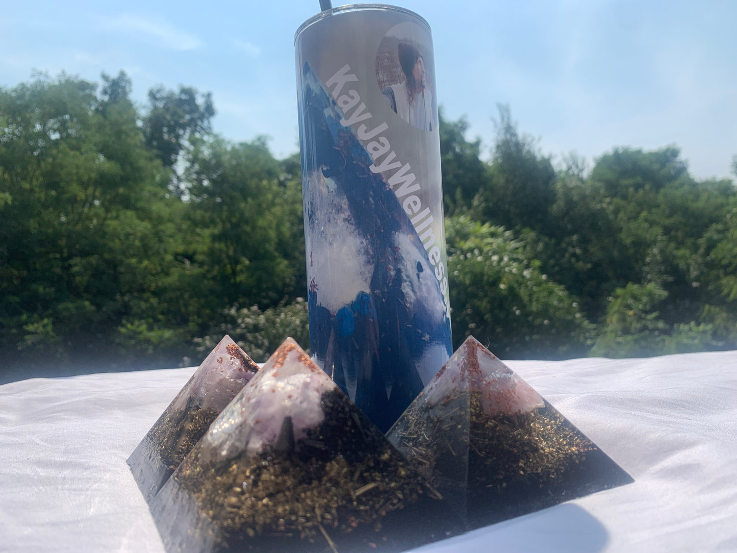 3 piece quartz crystal Orgone Energy Pyramid set with KayJay Wellness 20 oz. drink tumbler