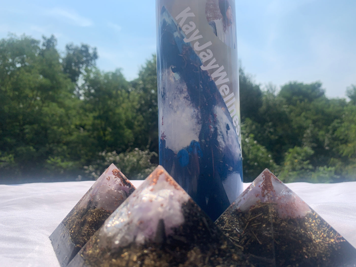3 piece quartz crystal Orgone Energy Pyramid set with KayJay Wellness 20 oz. drink tumbler