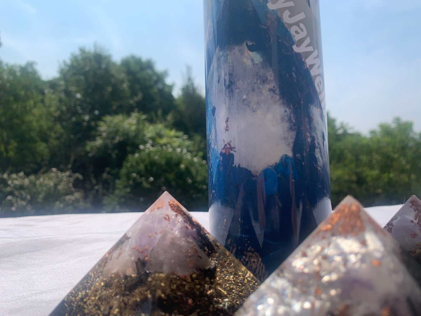 3 piece quartz crystal Orgone Energy Pyramid set with KayJay Wellness 20 oz. drink tumbler