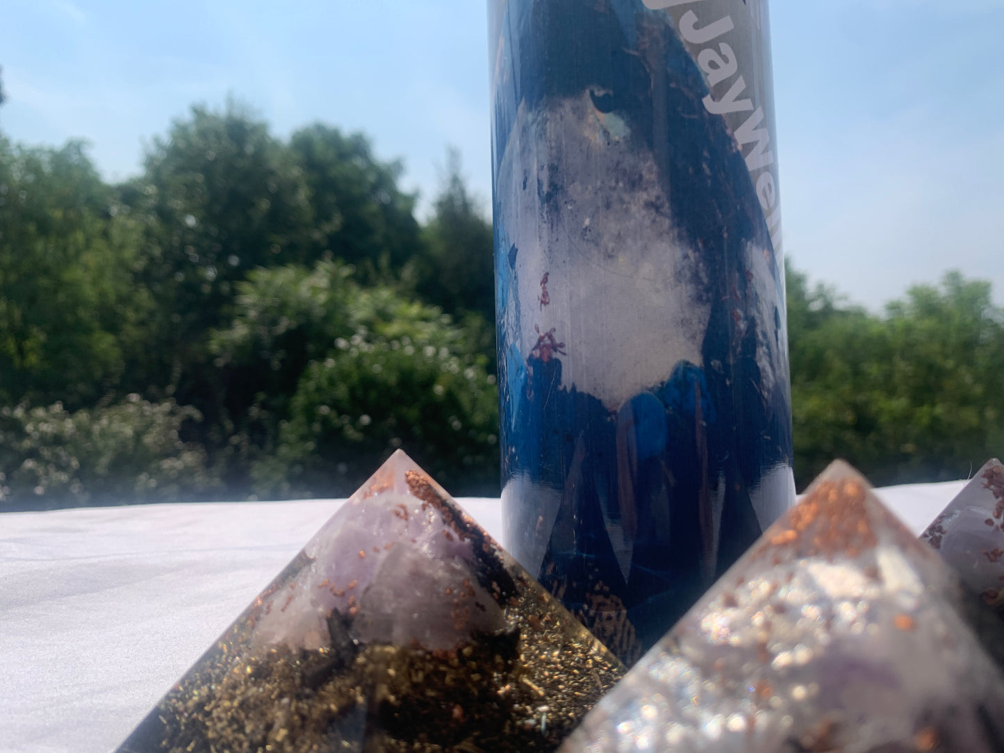 3 piece quartz crystal Orgone Energy Pyramid set with KayJay Wellness 20 oz. drink tumbler