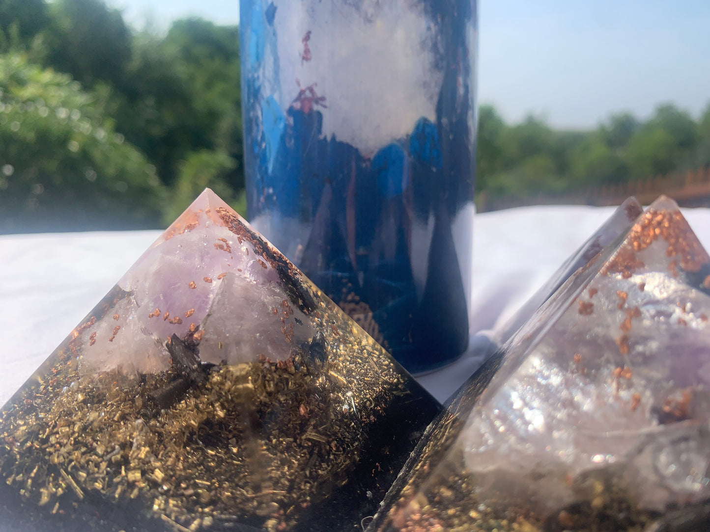 3 piece quartz crystal Orgone Energy Pyramid set with KayJay Wellness 20 oz. drink tumbler