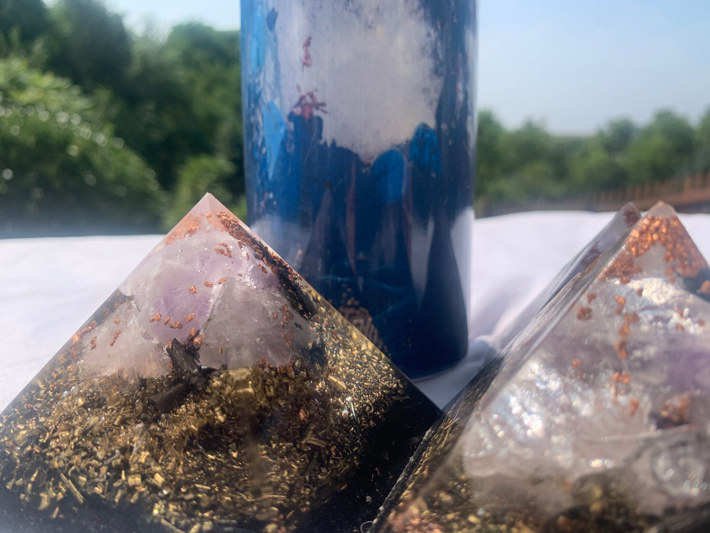 3 piece quartz crystal Orgone Energy Pyramid set with KayJay Wellness 20 oz. drink tumbler