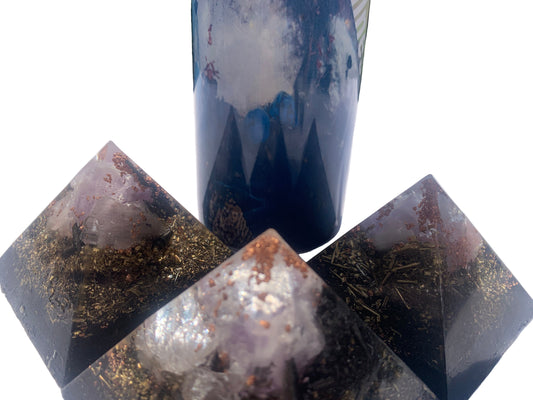 3 piece quartz crystal Orgone Energy Pyramid set with KayJay Wellness 20 oz. drink tumbler