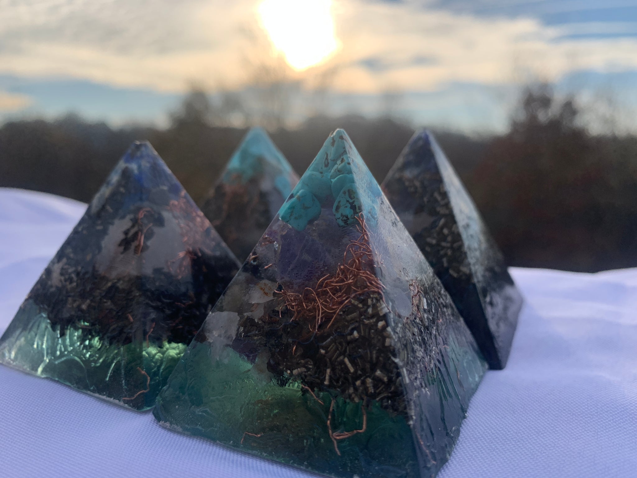 set of 4 KayJay Quartz Crystal Orgone Energy Pyramids for EMF protection home decoration