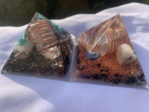 2 hand made quartz crystal Copper Orgone pyramid for EMF protection home decor and gifting