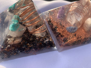 2 hand made quartz crystal Copper Orgone pyramid for EMF protection home decor and gifting