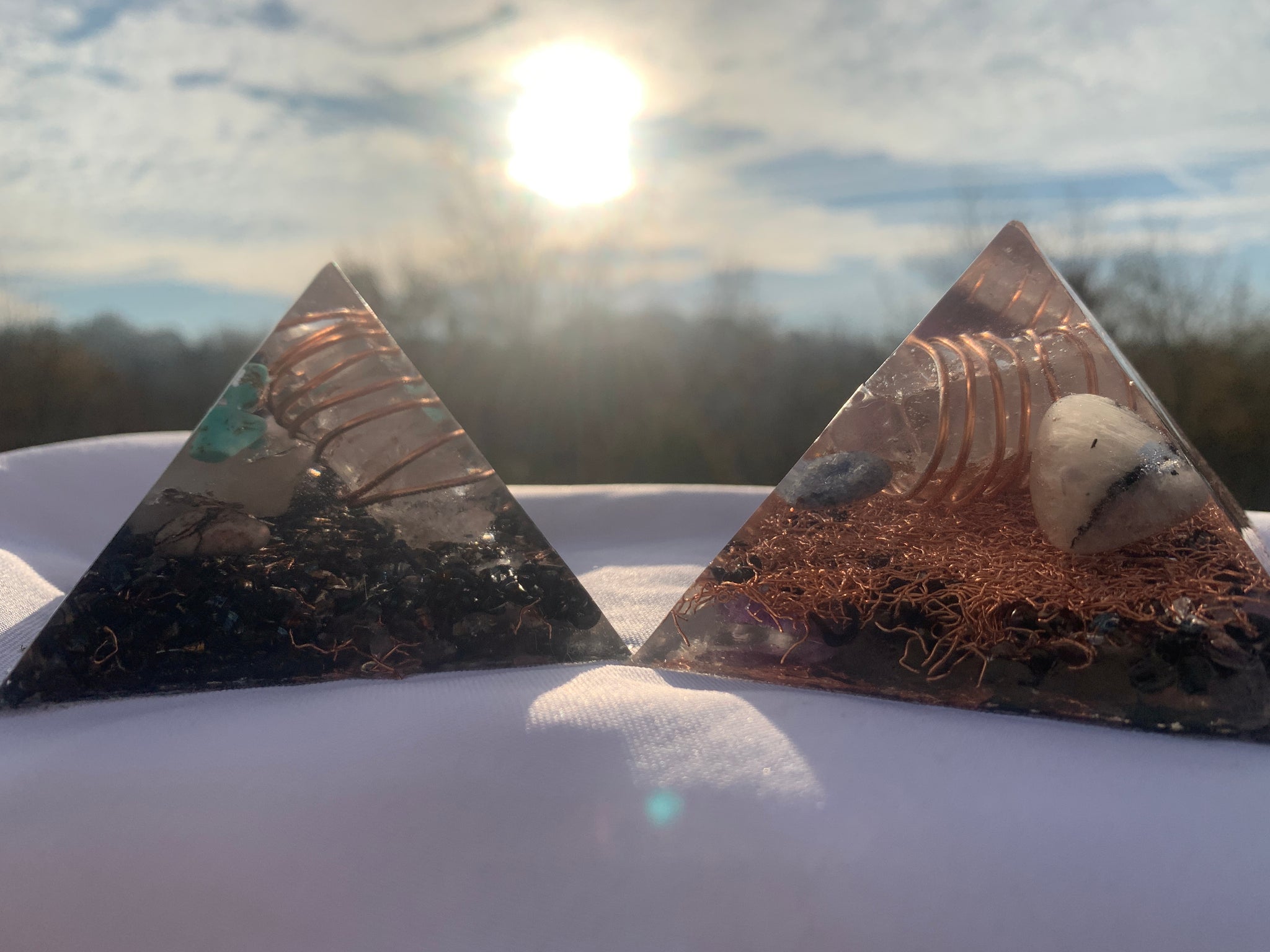 2 hand made quartz crystal Copper Orgone pyramid for EMF protection home decor and gifting