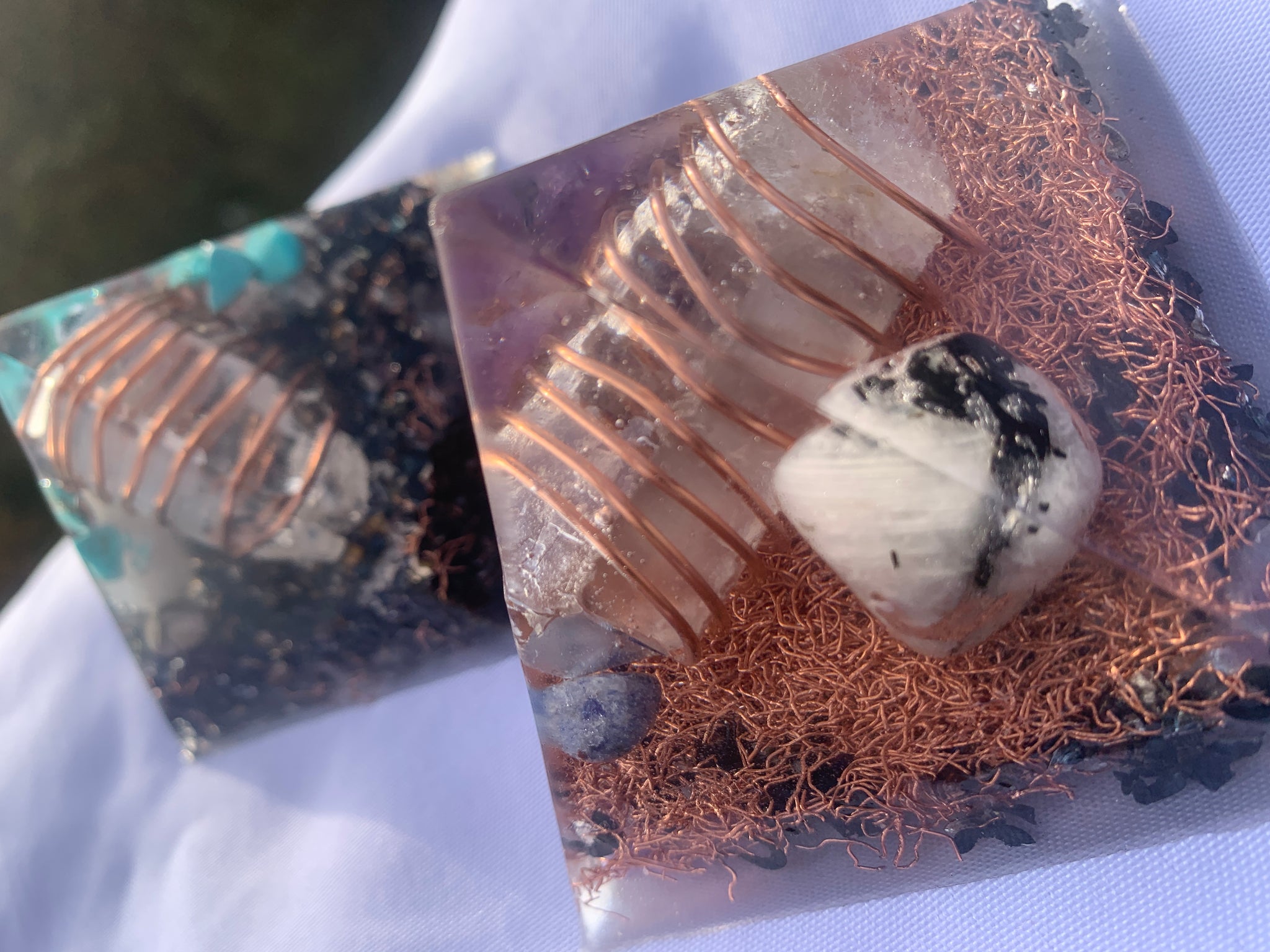 2 hand made quartz crystal Copper Orgone pyramid for EMF protection home decor and gifting