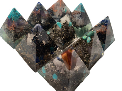 set of 9 hand made Turquoise and Copper quartz crystal Orgone Energy Pyramids for EMF protection