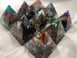 set of 9 hand made Turquoise and Copper quartz crystal Orgone Energy Pyramids for EMF protection