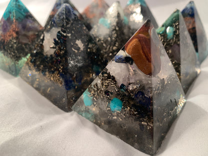 set of 9 hand made Turquoise and Copper quartz crystal Orgone Energy Pyramids for EMF protection