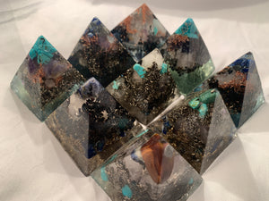 set of 9 hand made Turquoise and Copper quartz crystal Orgone Energy Pyramids for EMF protection