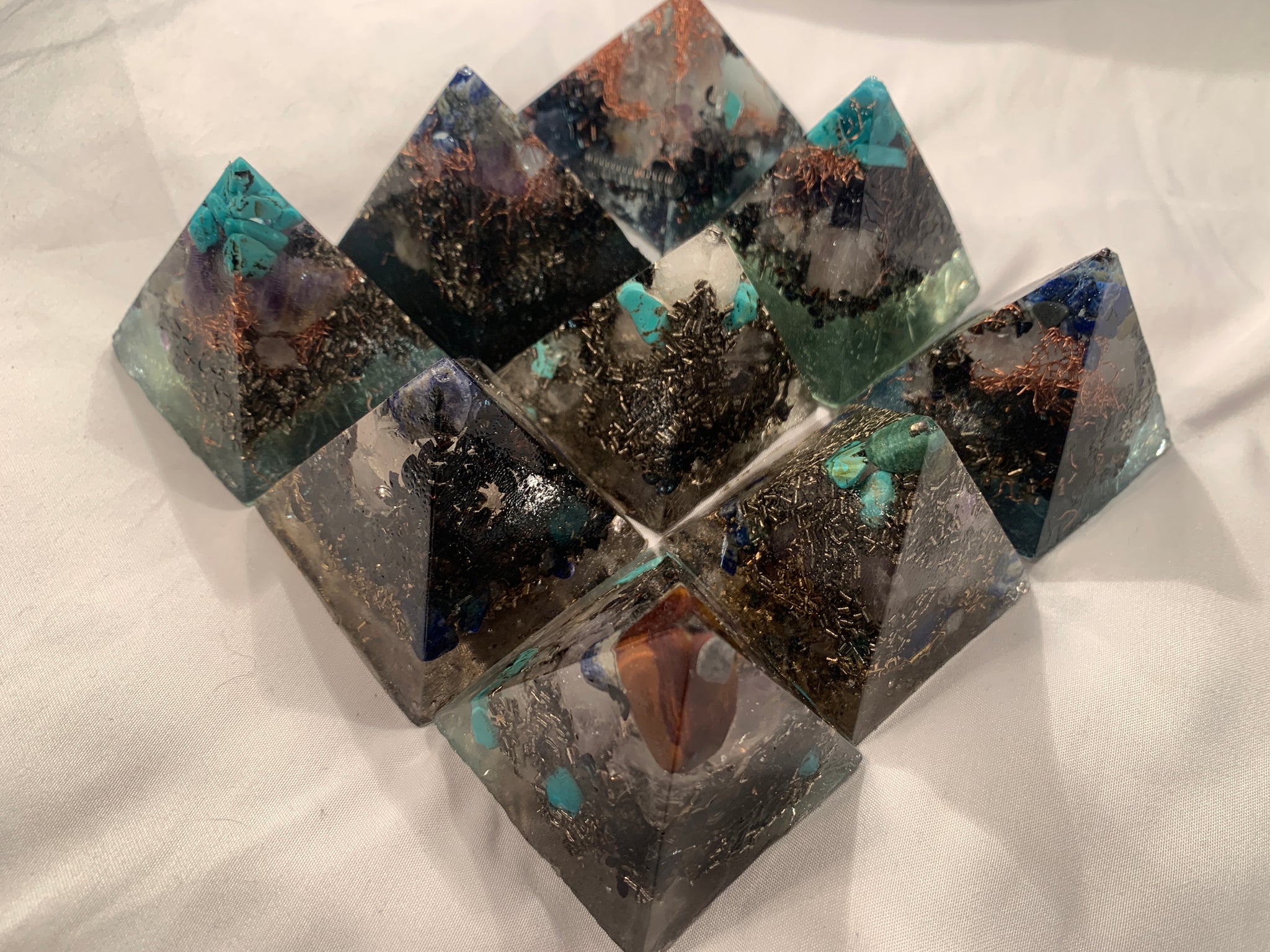 set of 9 hand made Turquoise and Copper quartz crystal Orgone Energy Pyramids for EMF protection