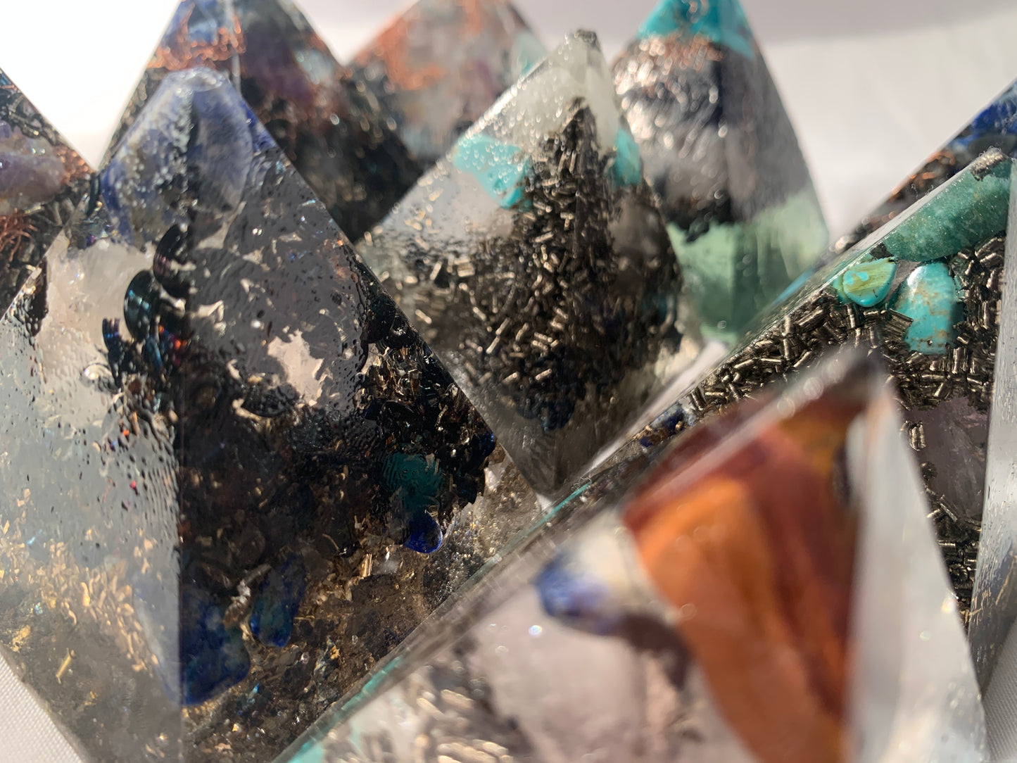 set of 9 hand made Turquoise and Copper quartz crystal Orgone Energy Pyramids for EMF protection