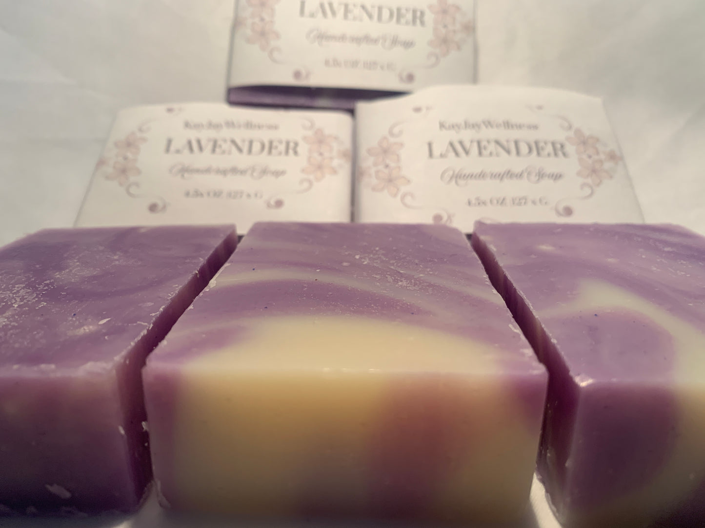 set of 3 KayJay Wellness hand made natural Lavender soap bars for bath detox wellness relaxation