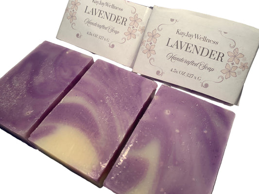 set of 3 KayJay Wellness hand made natural Lavender soap bars for bath detox wellness relaxation