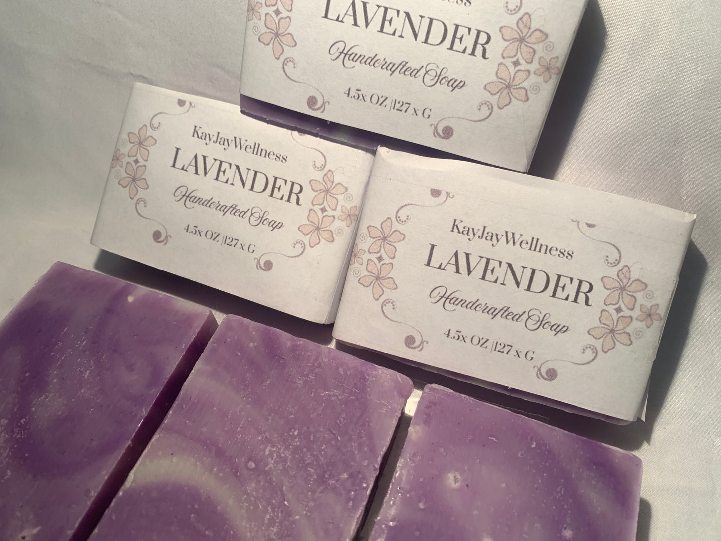 set of 3 KayJay Wellness hand made natural Lavender soap bars for bath detox wellness relaxation