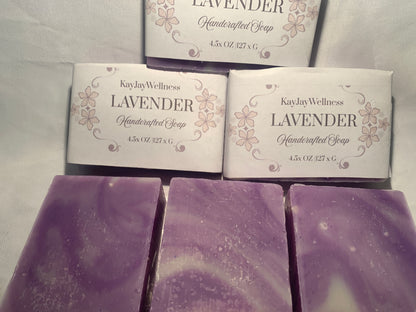 set of 3 KayJay Wellness hand made natural Lavender soap bars for bath detox wellness relaxation