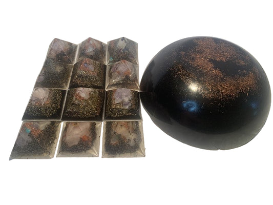 13 piece Orgone set 1 extra large Orgone bunk-r buster and 12 quartz crystal Orgone Energy Pyramids