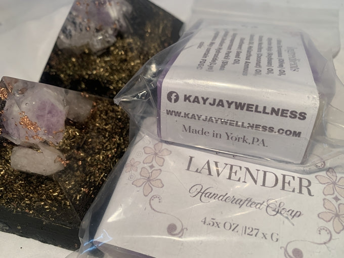 2 hand made natural Lavender soap bars with 2 quartz crystal Orgone energy pyramids