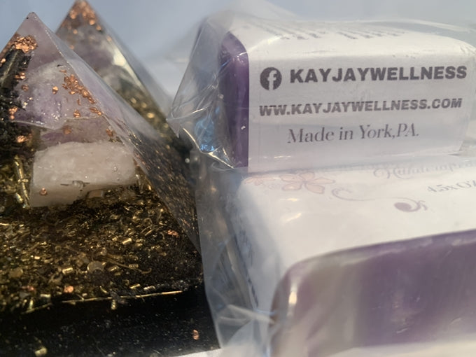 2 hand made natural Lavender soap bars with 2 quartz crystal Orgone energy pyramids