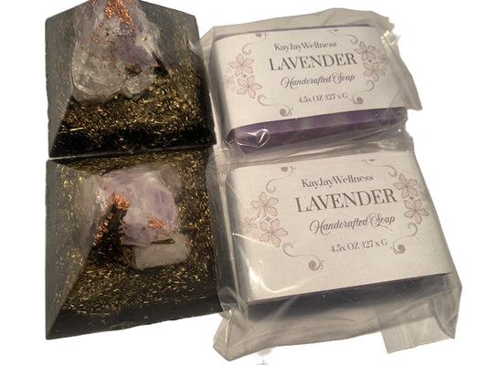 2 hand made natural Lavender soap bars with 2 quartz crystal Orgone energy pyramids