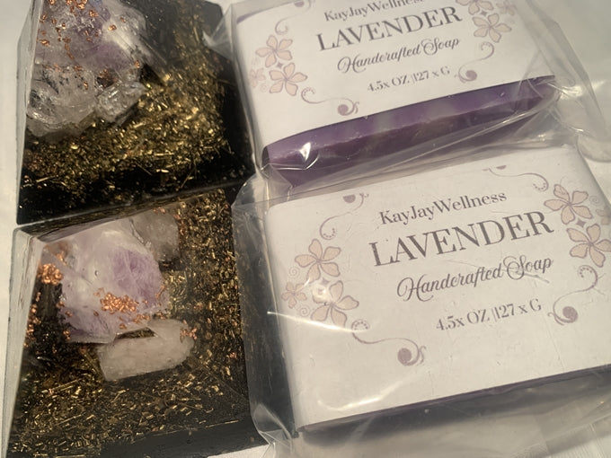 2 hand made natural Lavender soap bars with 2 quartz crystal Orgone energy pyramids