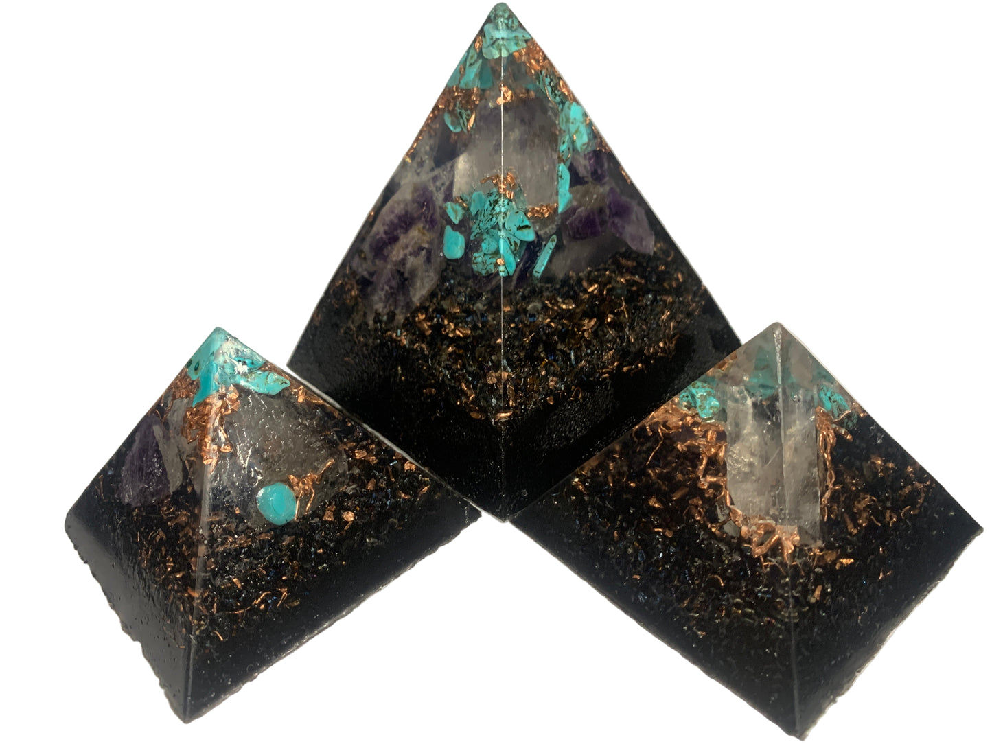 3 piece Orgone Pyramid set 2 regular sized and 1 jumbo sized for EMF protection