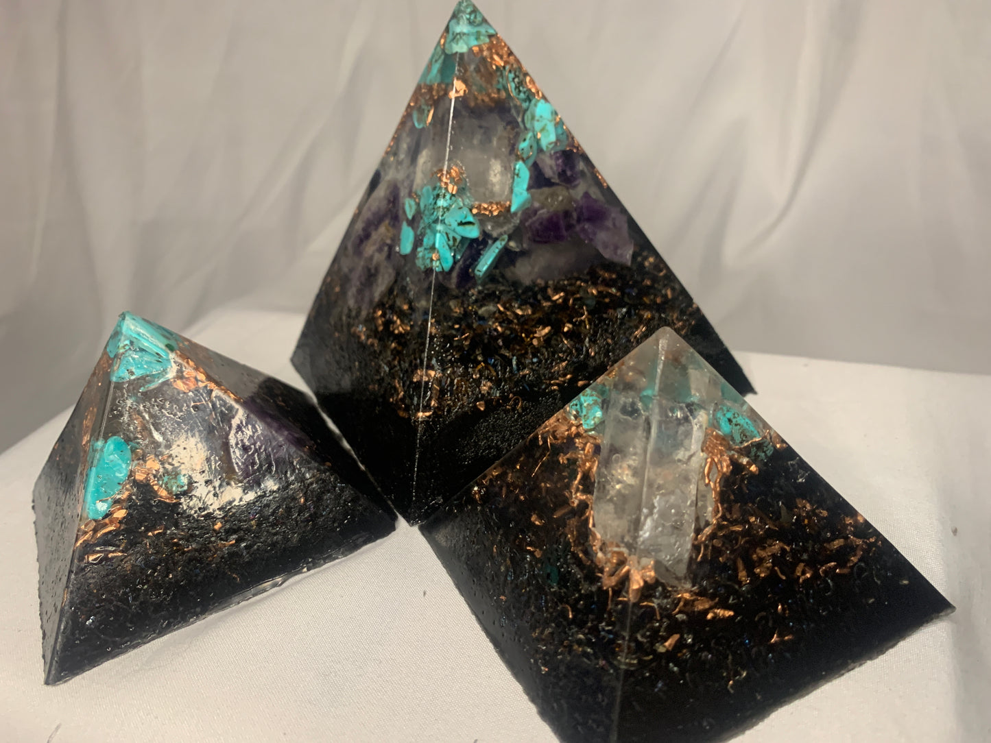 3 piece Orgone Pyramid set 2 regular sized and 1 jumbo sized for EMF protection