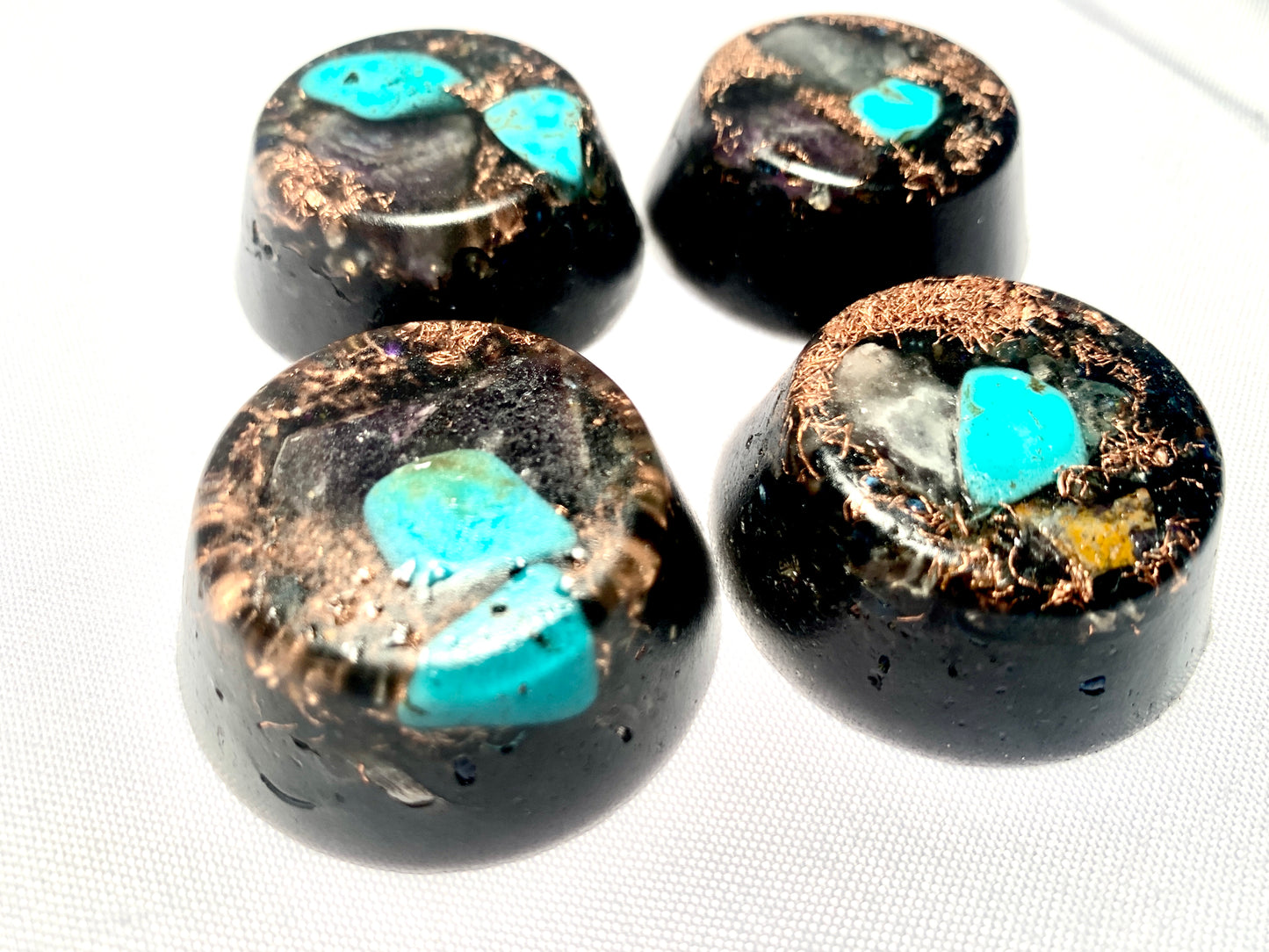 Set of 4 hand made turquoise and copper Quartz crystal Orgone Energy TB's for EMF protection