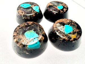 Set of 4 hand made turquoise and copper Quartz crystal Orgone Energy TB's for EMF protection