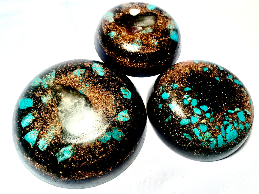 set of 3 hand made Copper and Turquoise Quartz crystal orgone energy HHG creations for EMF protection