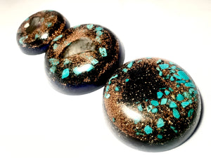 set of 3 hand made Copper and Turquoise Quartz crystal orgone energy HHG creations for EMF protection