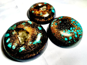 set of 3 hand made Copper and Turquoise Quartz crystal orgone energy HHG creations for EMF protection