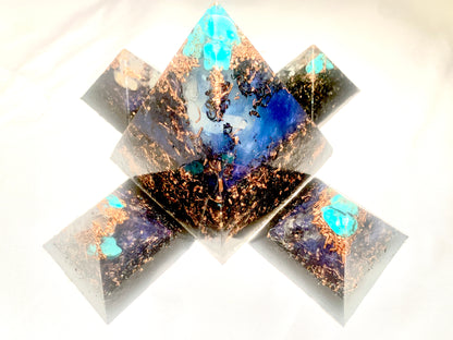 5 piece Quartz crystal Orgone Pyramid set with Turquoise and Copper for maximum EMF protection