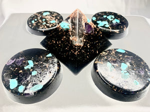 5 piece Turquoise and Copper with quartz crystal Orgone Pyramid and TB set for EMF protection