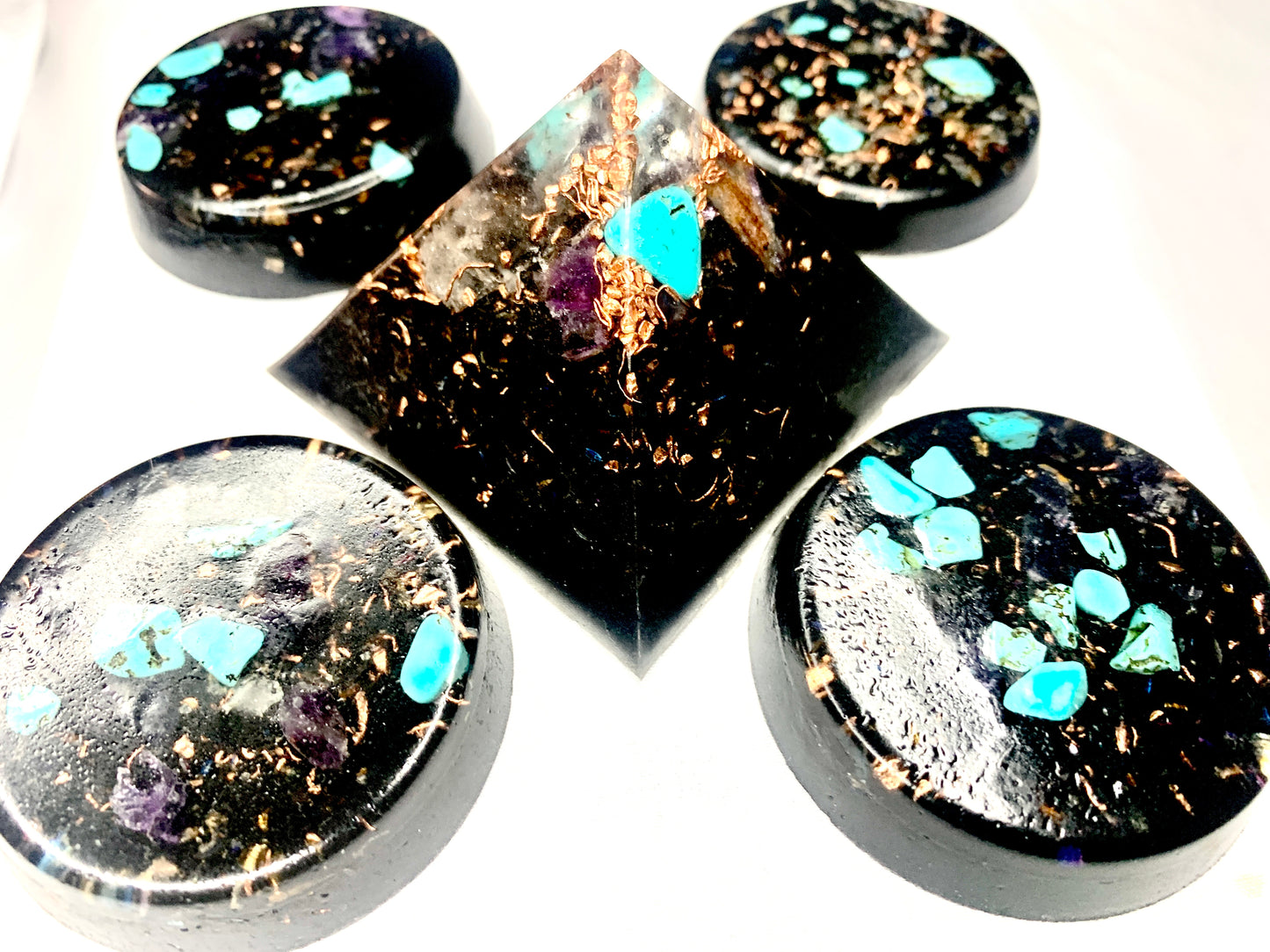 5 piece Turquoise and Copper with quartz crystal Orgone Pyramid and TB set for EMF protection