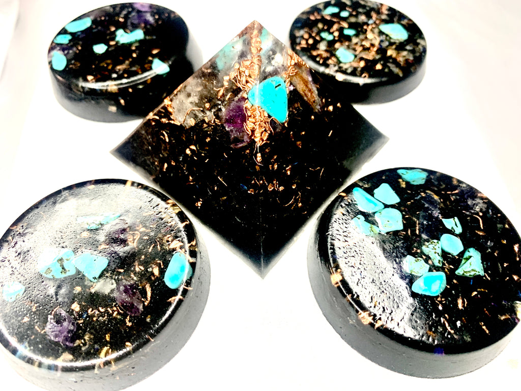 5 piece Turquoise and Copper with quartz crystal Orgone Pyramid and TB set for EMF protection