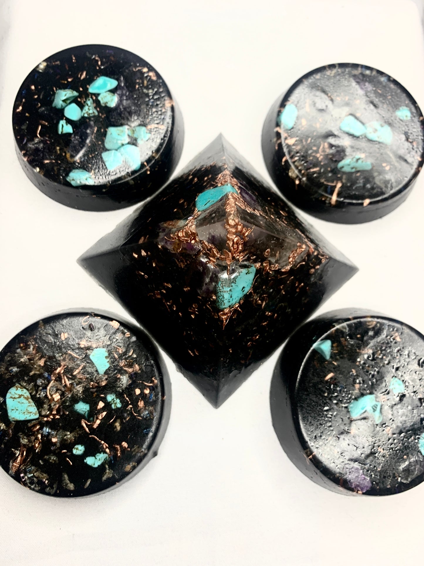 5 piece Turquoise and Copper with quartz crystal Orgone Pyramid and TB set for EMF protection