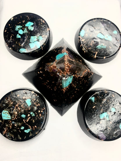 5 piece Turquoise and Copper with quartz crystal Orgone Pyramid and TB set for EMF protection