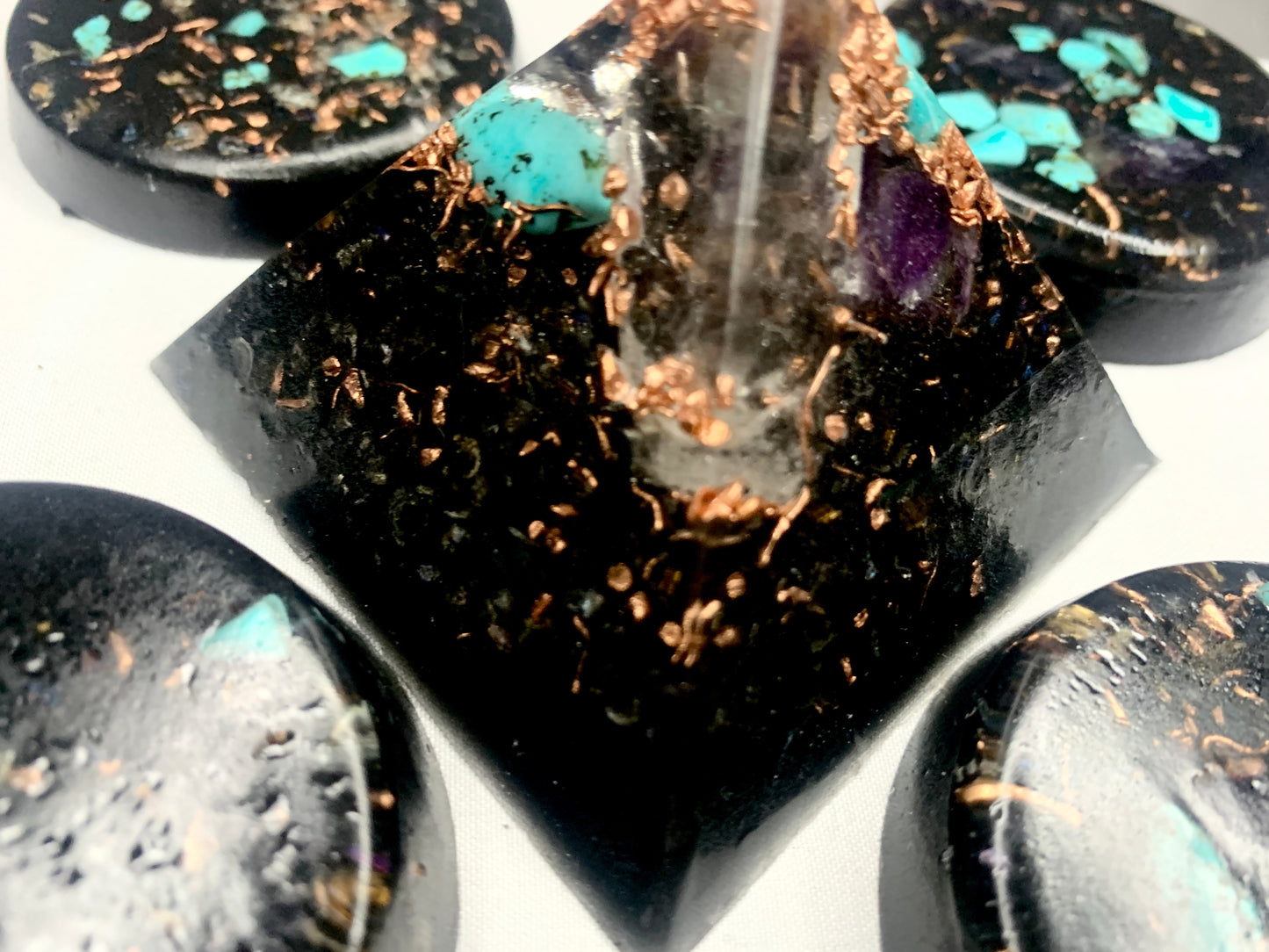 5 piece Turquoise and Copper with quartz crystal Orgone Pyramid and TB set for EMF protection