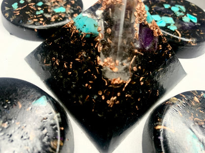 5 piece Turquoise and Copper with quartz crystal Orgone Pyramid and TB set for EMF protection