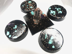 5 piece Turquoise and Copper with quartz crystal Orgone Pyramid and TB set for EMF protection