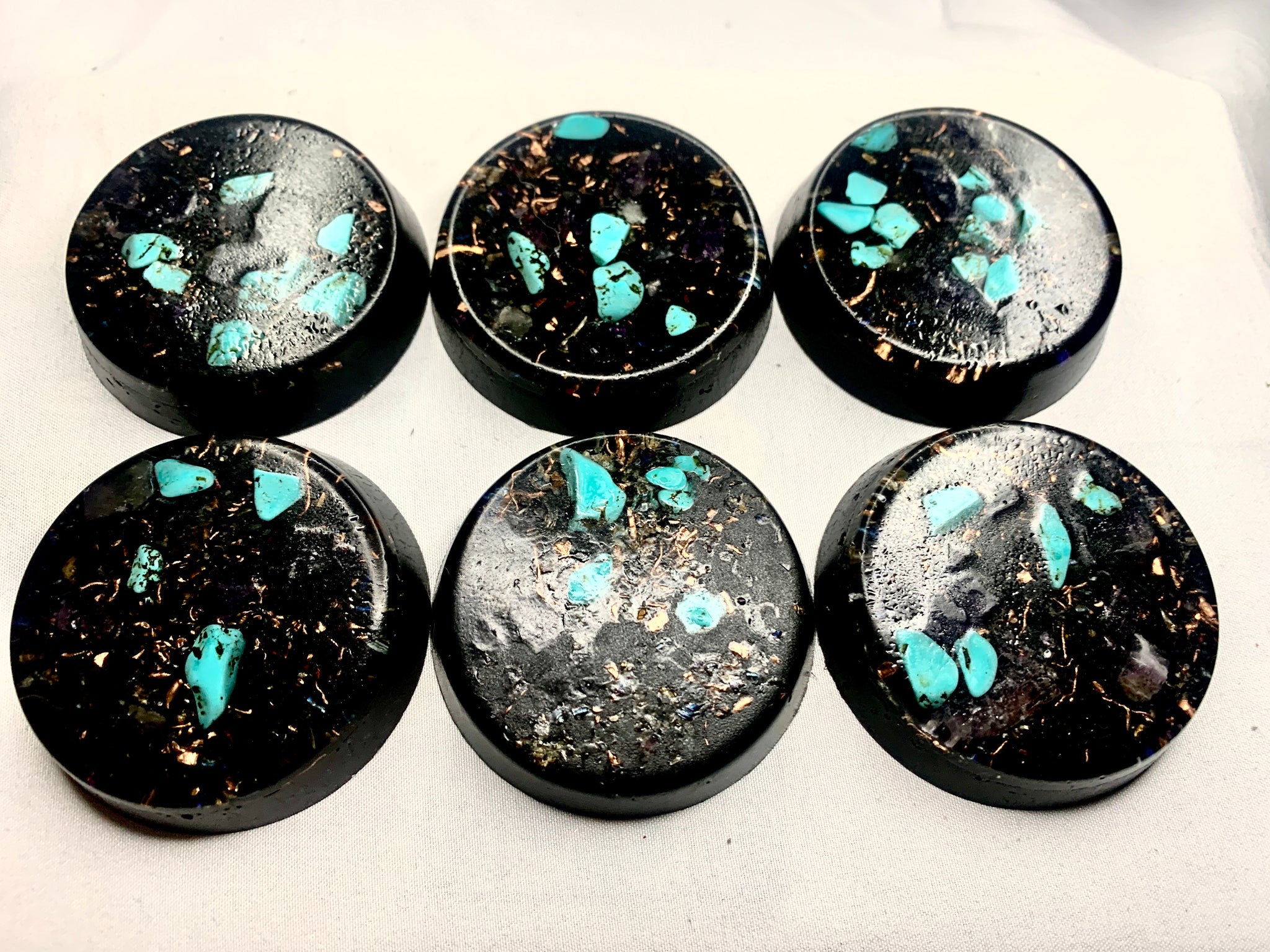 6 piece hand made Orgone Set with quartz crystal for emf protection home decoration or travel